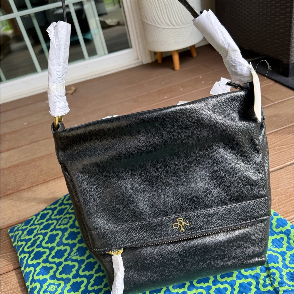 orYANY Black Leather Shoulder Bag with Gold Hardware